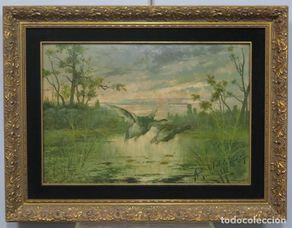 Art: PATOS LEVANTANDO EL VUELO. OLEO S/ CARTONE. JUAN EGEA Y MARIN (MURCIA 1860-?)
